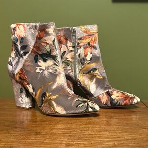 Nine West Savitra Block Heel Booties | Velvet Floral Boots